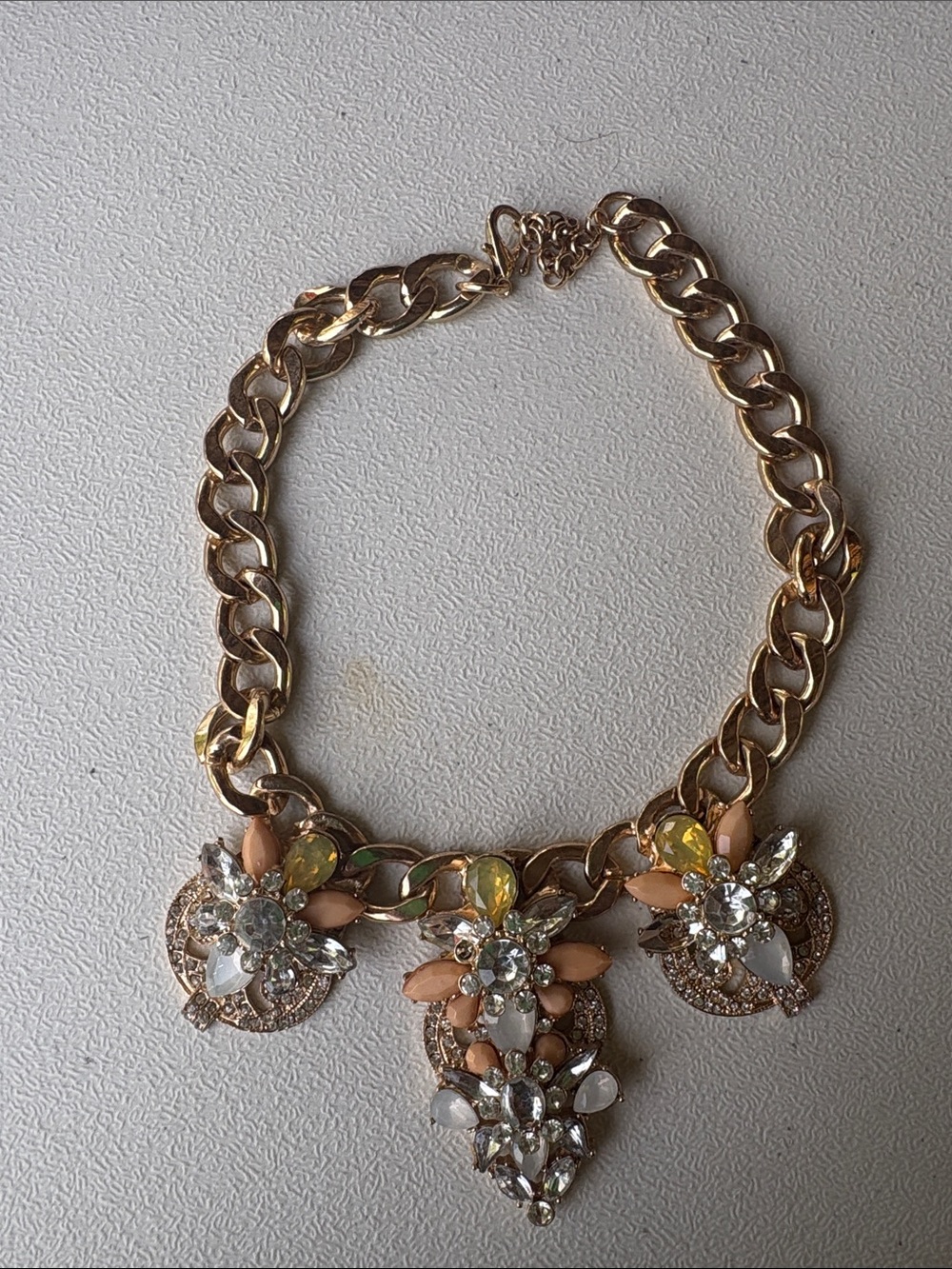 Gold Tone Statement Necklace with Peach and White Crystal Accents